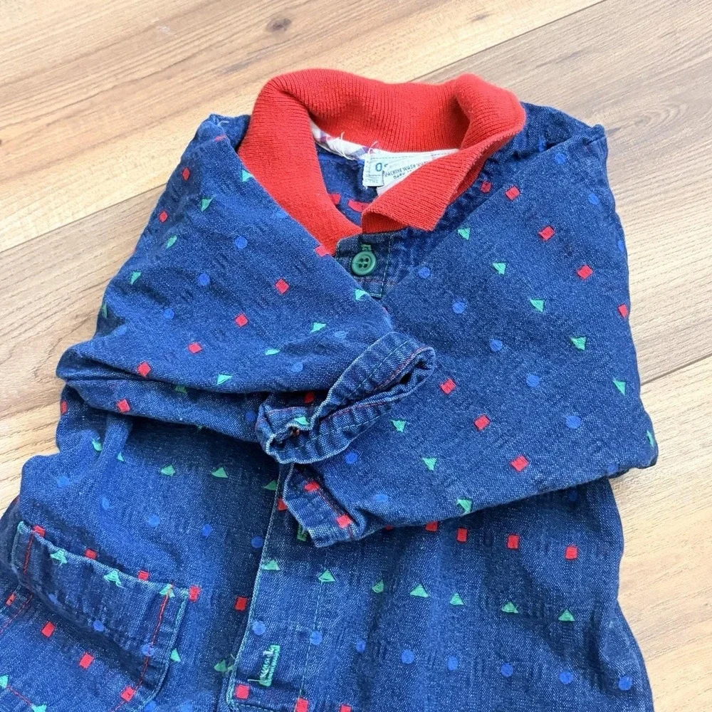 VTG 80s Retro OshKosh B'gosh Kids Denim Jumpsuit Unisex Shapes Collared 6-9 M